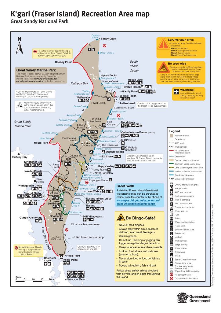 K'gari Map showing 4WD tracks, towns and attractions
