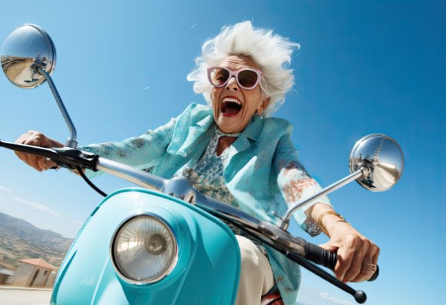 old lady having fun riding a motorbike